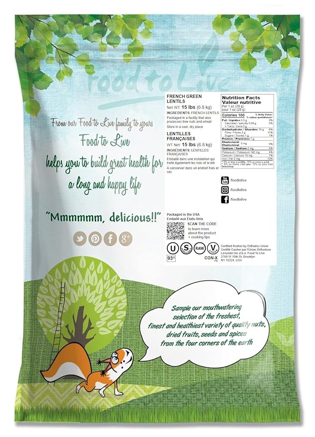 Food to Live French Green Lentils, 15 Pounds ??Whole Dry Beans, Raw, Sproutable, Vegan, Kosher, Bulk. Deep Peppery Flavor. Rich in Plant-Based Protein. Great Base for Soups, Chili, and Curries