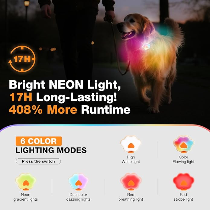 Lekereise Neon Dog Collar Lights - 6 Modes USB-C Rechargeable LED Light For Dog Collars, Waterproof & Soft Silicone Band Safety Dog Light Up Collar, for Night Walking, Running, Camping & Outdoors