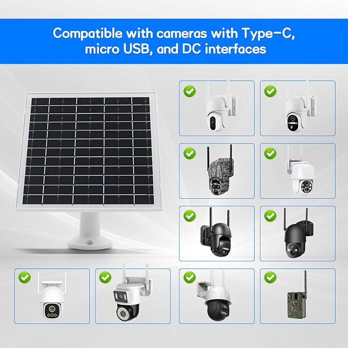 Solar Panel for Security Camera IP65 Waterproof USB Solar Panel Charger Type-C Port?�Micro USB Port＆DC Port Solar Sanels for Cameras with 9.8ft Charging Cable 6W Charging Power(1 Pack White)