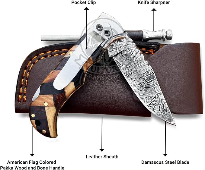 Damascus Pocket Knife for Men Handmade - 6.5 Inches Damascus Folding Knife with Sheath -Ideal for Him as an Anniversary Present - Best for EDC - Camping and Hiking - Pocket Knives with Back Lock