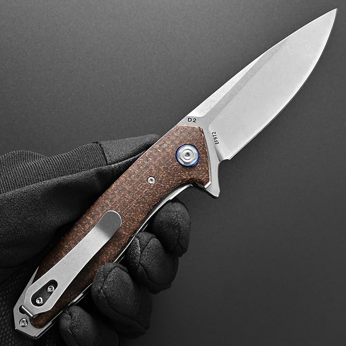Eafengrow EF972 Folding Knife, D2 Steel Blade Micarta Handle Pocket Knife Folder for Outdoor Camping Hiking Working EDC Tool Knife(Brown)
