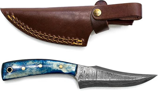 Titan International Knives 7.2" Damascus Hunting Skinning Knife | Handmade Fixed Blade 1095 4340 Carbon Mix Hand Pounded | Blue Dyed Bone Handle with Leather Sheath Perfect for Camping