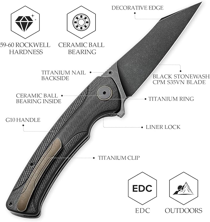 Folding Pocket Knife for EDC Men,3.66" Ti Stonewash S35VN Steel Blade Outdoor Camping Survival Hiking Knife with Ti Thumb Studs and Flipper Opener & Ball Bearing Pivot,Lynx-03B