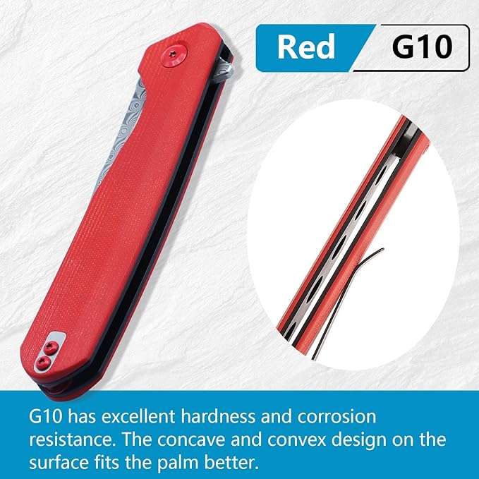 KANSEPT Qilin Pocket Knife,3.24'' Damascus Sharp Blade, Red G10 Handle for Edc, Flipper and Liner Lock with Double-Sided Clip, Men Camping Survival Folding Knives K1047A1