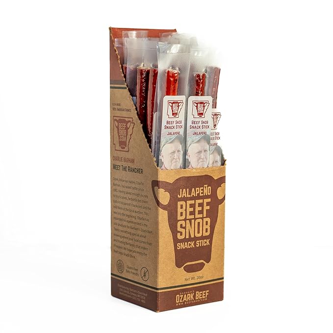 Beef Snob Snack Sticks - Jalapeño Flavor - 1 Ounce Snack - 20 Meat Sticks Per Box - High Protein Snack, Sugar Free Snack, Keto Friendly, Gluten Free Jerky Sticks