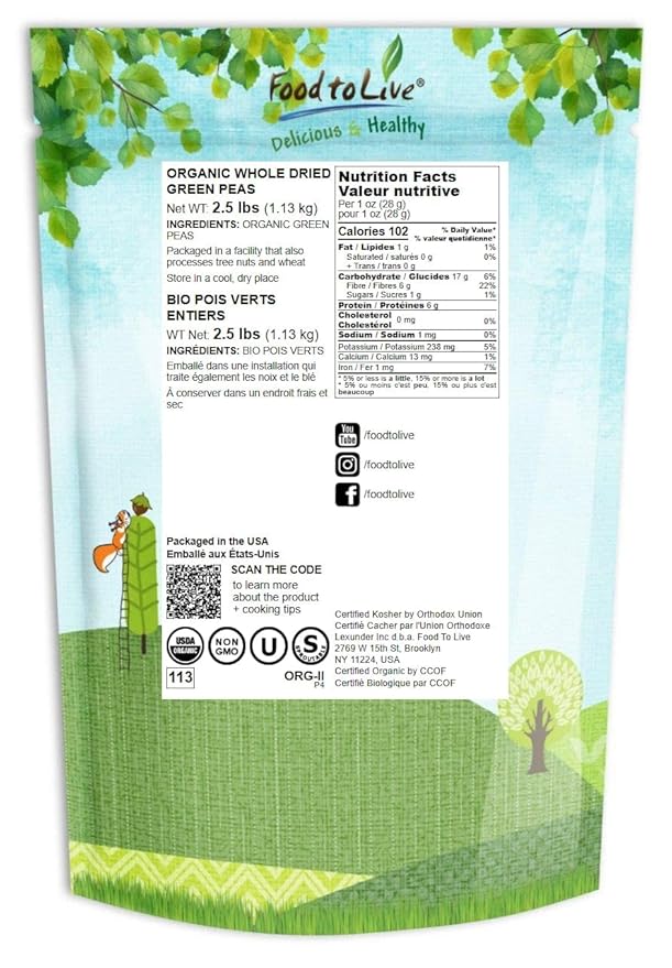 Food to Live - Organic Whole Dried Green Peas, 2.5 Pounds Non-GMO, Green Vatana, Sproutable, Vegan, Kosher, Bulk. Pre-Soak Needed. Rich in Protein, Fiber.