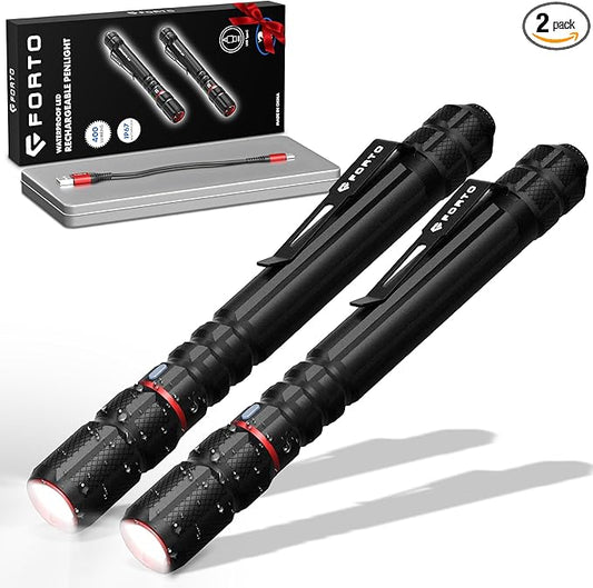 FORTO Rechargeable Pen Light Flashlight, 400 Lumens Small Pocket Flashlight with Clip, IP67 Waterproof, 2 Light Modes, 3-Color Battery Indicator, Type-C Charging, for Inspection,Emergency（2 Pack）