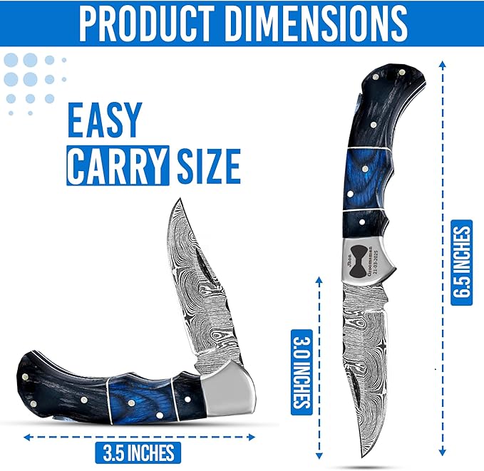 Set of 3 - Personalized Damascus Pocket Knife for Groomsmen -With Leather Sheaths - Custom Engraved Pocket Knives | Groomsman Gifts for Wedding, Groomsmen Proposal Gifts