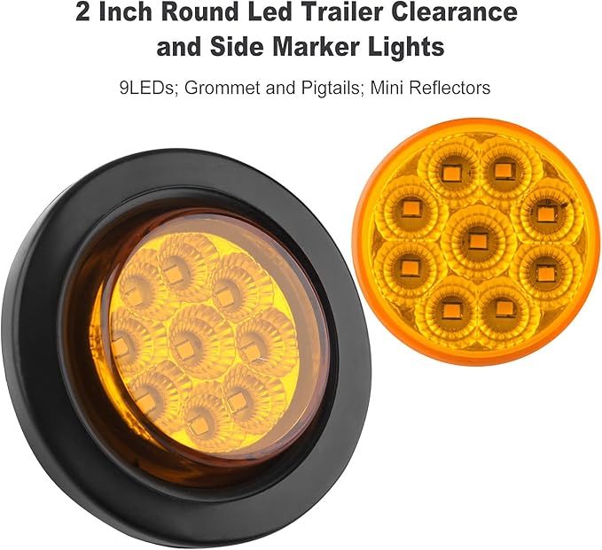 10Pcs 2 Inch Round LED Marker Lights Amber 9 LEDs w/Reflectors, 2 Inch Round Led Side Marker Clearance Lights Sealed 2 Round Truck Trailer Marker Lights w/Rubber Grommets and 2 Prong Wire Pigtails