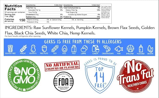 GERBS Raw Super 7 Seed Snack Trail Mix 2 LBS. | Top 14 Food Allergy Free | Resealable Bulk Bag | Made in USA | Raw Pumpkin | Sunflower | Brown & Golden Flax | Black & White Chia | Hemp | Gluten Free