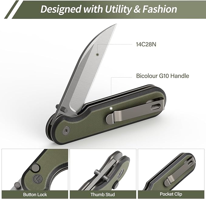 FINTISO Pocket Knife, 3" 14C28N Blade EDC Knife with G10 Handle, Folding Knife with Pocket Clip for Outdoor Camping, Hunting, Hiking, Survival, Parrot Series