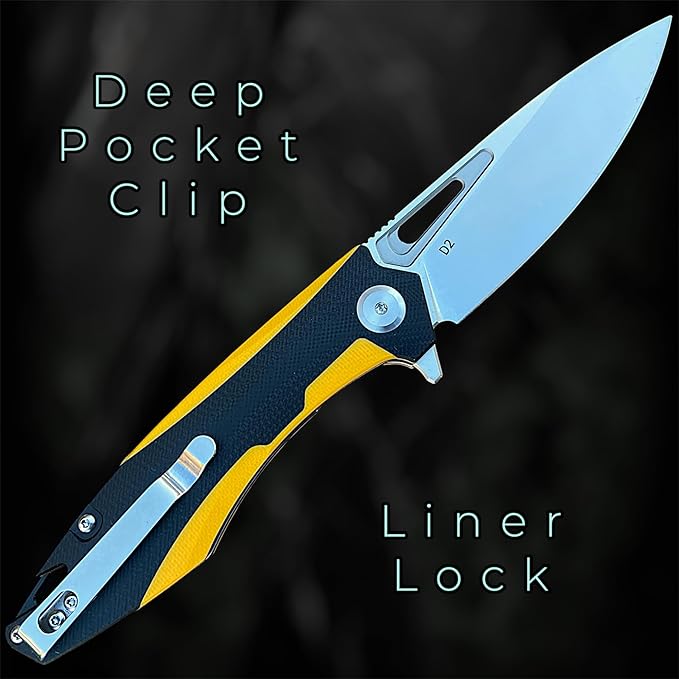 TACTICAL GEARZ Pocket Folding Knife for EDC, D2 Steel Blade, Dual Color G10 Handle, Includes Sheath (Kuma Yellow/Black)