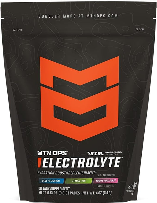 MTN OPS Electrolytes Powder Packets, Sugar Free Hydration Packets, Gluten-Free Hydration Powder, Electrolyte Packets STM ?œStraight to Mouth??- Variety Pack of 3 Flavors, 30 Packs