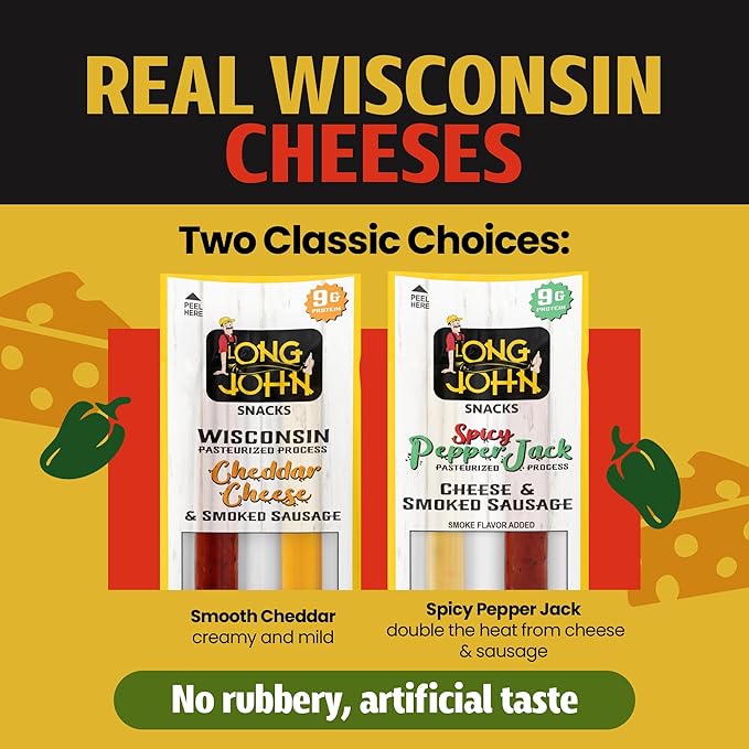 Long John Snacks Meat and Cheese Sticks - Spicy Smoked Sausage & Real Wisconsin Spicy Pepper Jack Cheese Stick - High Protein Snacks Made from Premium USA Pork & Beef - Low Carb, Keto Snack - 12 Pack