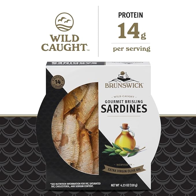 Brunswick Wild Caught Gourmet Brisling Sardines in Extra Virgin Olive Oil, 4.23 oz Can - Wild Caught Sardines - 14g Protein per Serving - Gluten Free, Keto Friendly (Pack of 4)