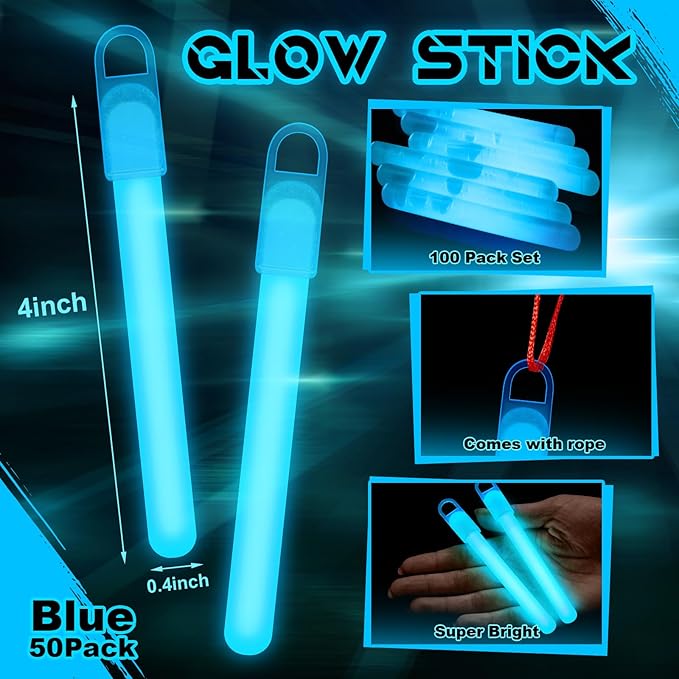 Lewtemi 50 Set 4'' Glow Sticks Bulk, Hallowee Glow in The Dark Party Supplies, Emergency Light Sticks with Lanyard, for Birthday, Light up, Neon, Halloween Theme Party Favors