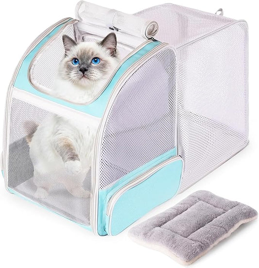 halinfer Cat Backpack Carrier - Expandable Pet Carrier for Medium Cats and Small Puppys Up to 16 Pounds, Collapsible Soft Side Kitten Travel Bag with Cushion Mat for Outdoor Traveling Hiking