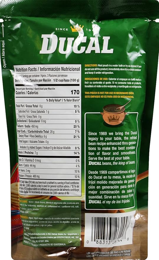 Ducal Refried Black Beans Pouch, 14.1 Ounce (Pack of 18) - Instant Vegetarian Refried Black Beans, Non-GMO And Gluten-Free - Excellent Source in Protein And Iron, Cholesterol Free