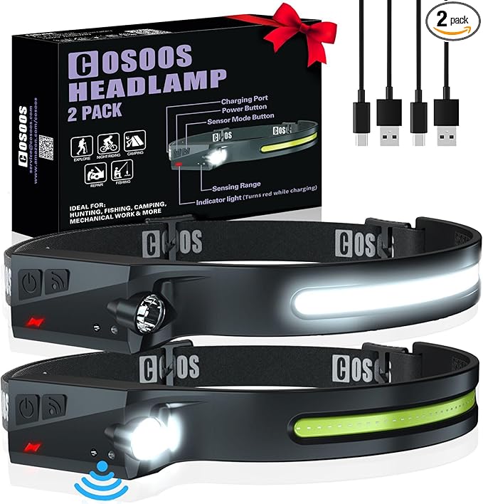 COSOOS 2 LED Headlamp Rechargeable Flashlight, Bright Headlight, Adjustable Headband for Kids & Adults, 1000Lumen Wide Beam & Spot Light, Motion Sensor, 2.4oz Lightweight, Hiking & Camping Gear