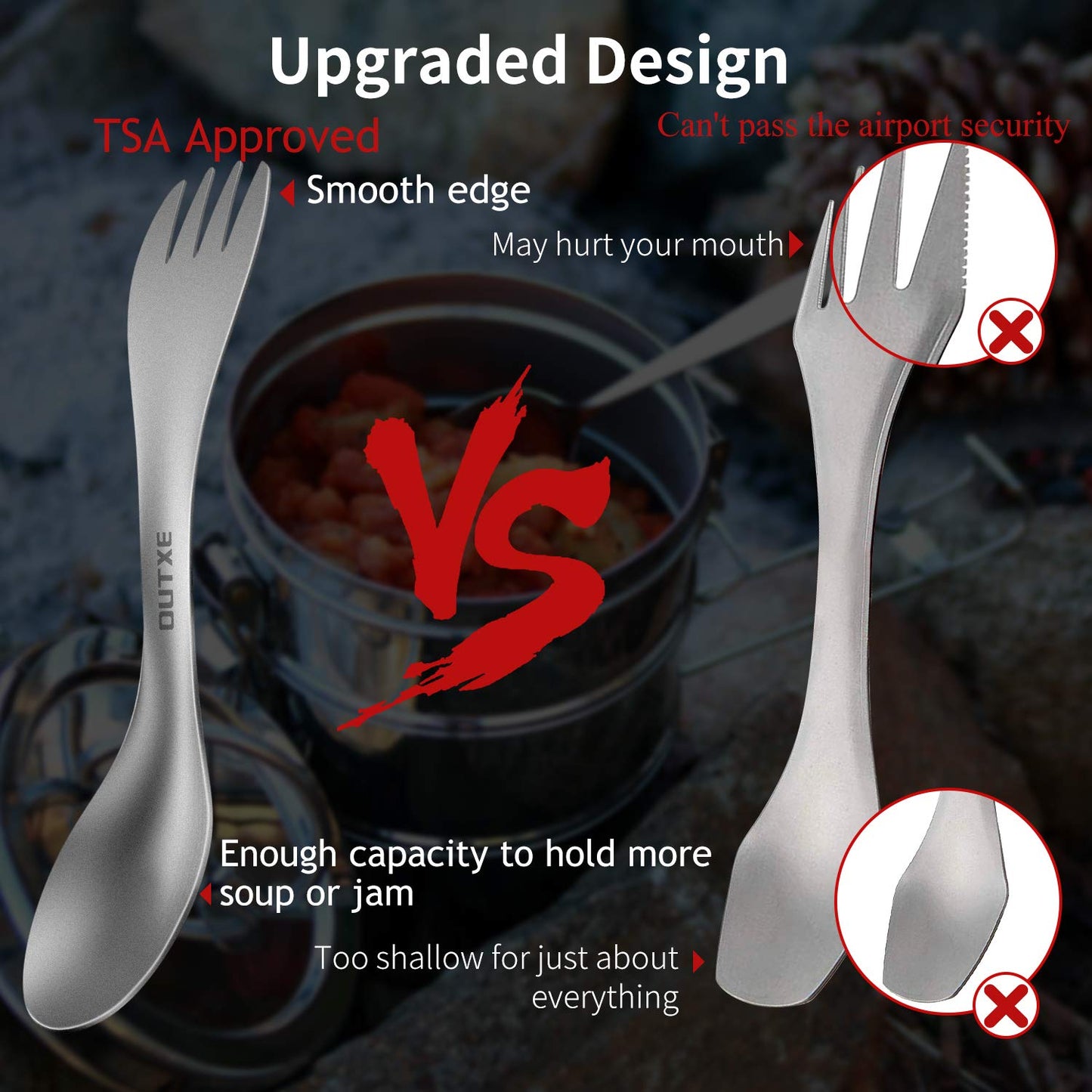OUTXE Titanium 2 in 1 Fork and Spoon Combo 2-Pack Ultra Lightweight Camping Utensil, Eco-Friendly