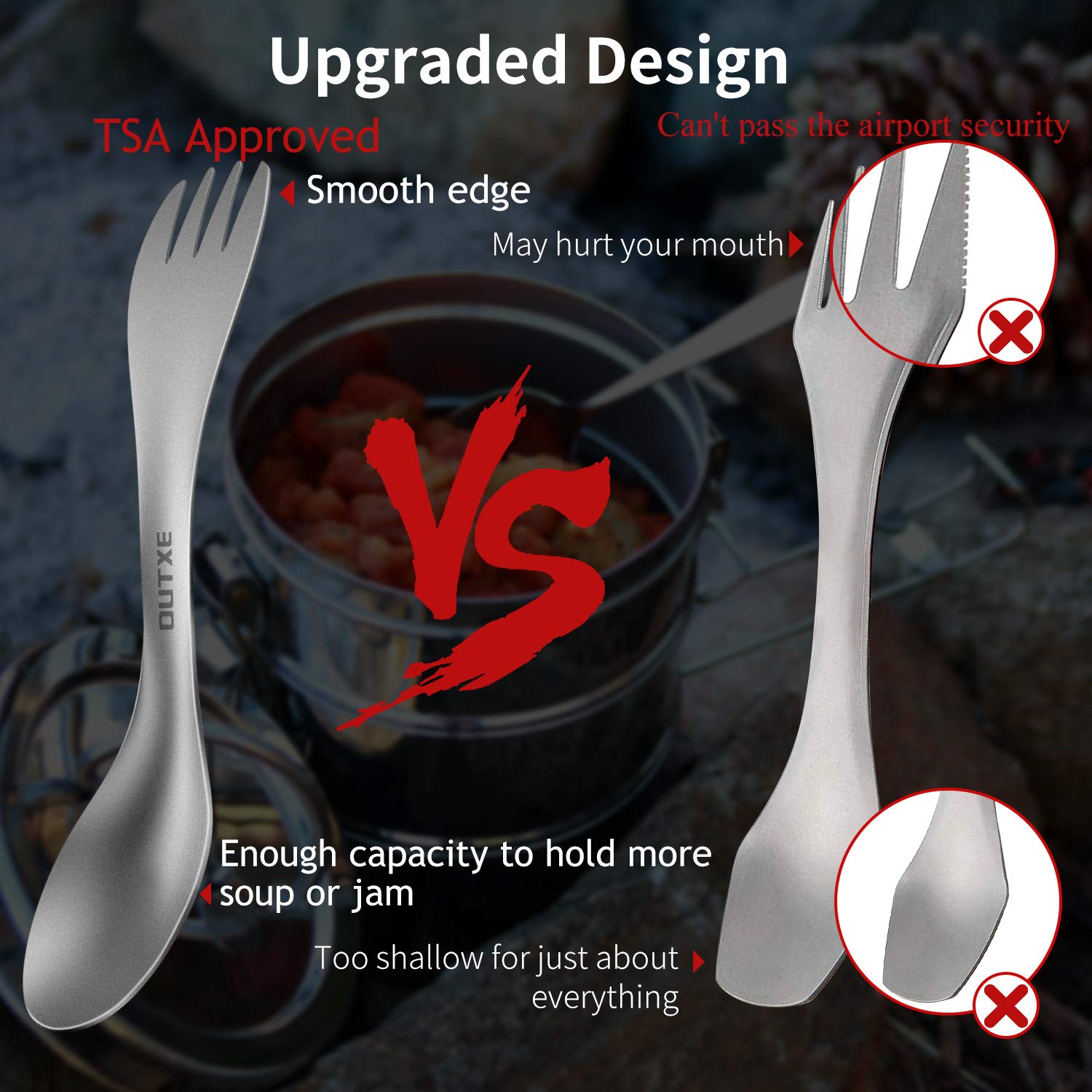 OUTXE Titanium 2 in 1 Fork and Spoon Combo 2-Pack Ultra Lightweight Camping Utensil, Eco-Friendly