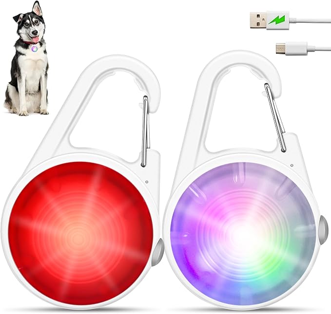Dog Lights for Night Walking, 4 Modes IP68 Waterproof Dog Collar Lights Clip on, High Capacity Rechargeable Pet Accessories for Climbing, Running, Camping, 2 Packs (White)