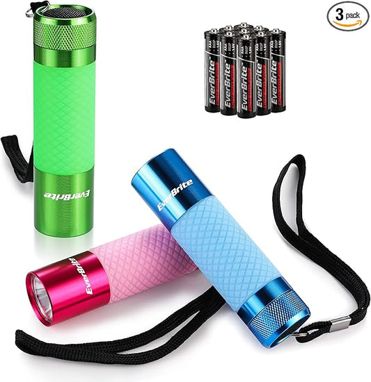 EverBrite 3-Pack Mini Flashlights, Glow in Dark Flashlights, Aluminum LED Flashlights Party Favors Assorted Colors for Camping, Hiking, Indoor, 9XAAA Batteries Included