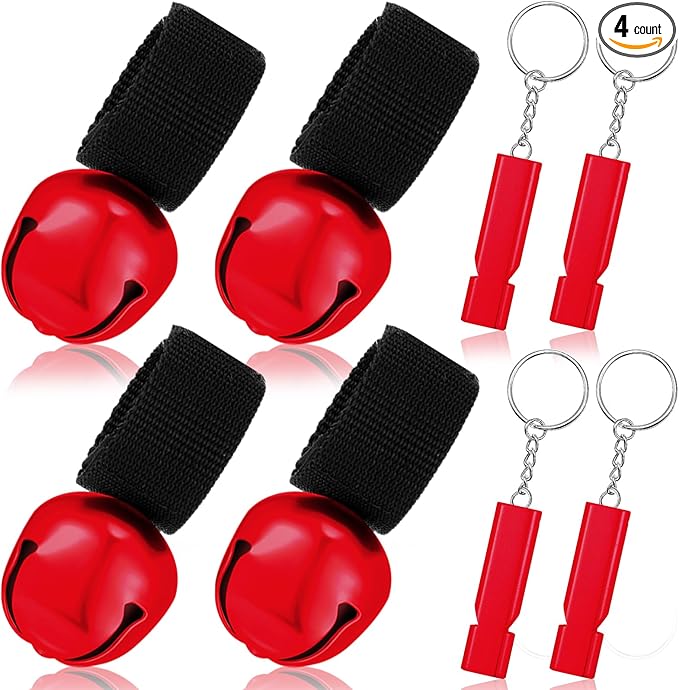 4 Sets Bear Bells with Whistle for Hiker, Loud Bear Bell with Emergency Whistle, Bear Bells for Hiking, Outdoor Camping, Survival, Biking, Fishing, Climbing, Hunting, Pet Tracker