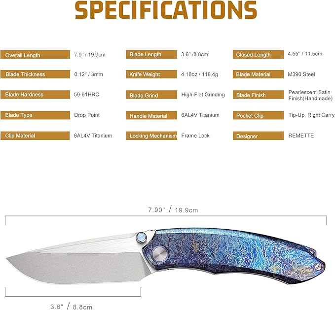 Wild Species Pocket Knife for Men,Manual Grinding Pearlescent Satin M390 Blade Titanium Handle Thumb Stud Opener Front Flipper Folding Knife for Outdoor Camping Hiking