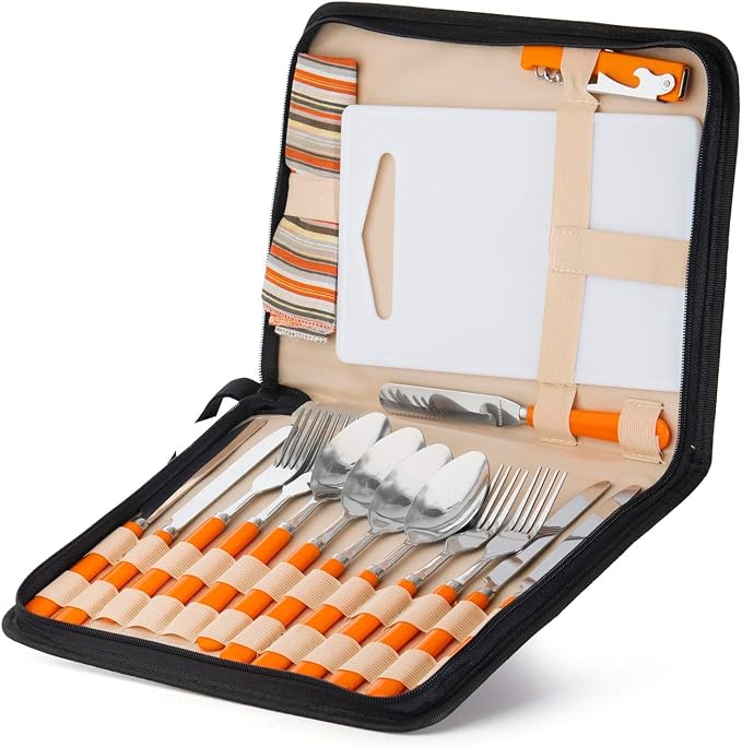 Camping Silverware Kit Cutlery Organizer Utensil Picnic Set 12 Piece Mess Kit - Stainless Steel Spoon Butter & Serrated Knife Wine Opener Fork Napkin Hiking Camp Kitchen BBQ?™s (4 Person 20 Piece Set)