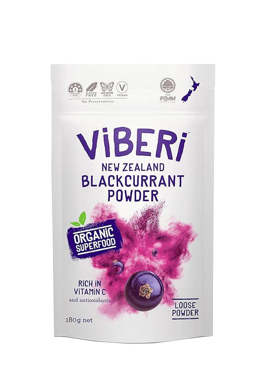 ViBERi NZ Organic Blackcurrant Powder 180g (Loose Powder) Vitamin C Antioxidants Ideal for Smoothies & Training Plans
