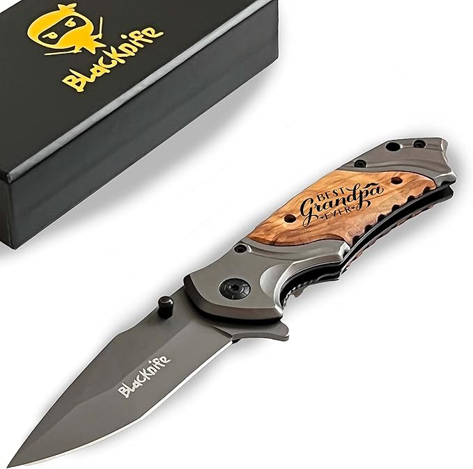 BlacKnife Folding Pocket Knife with Wooden Handle and Clip – Ideal Knife for Camping, Hunting, DIY, (Best Grandpa Ever)
