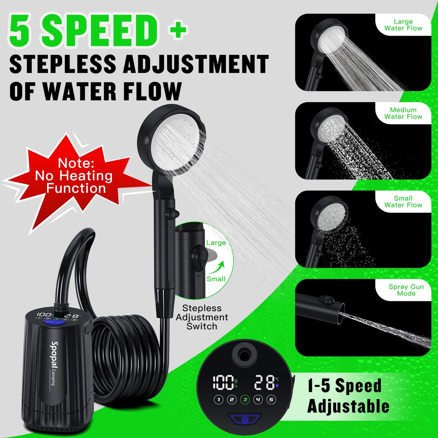 Spopal Portable Shower for Camping, [Upgraded] 10000mAh Rechargeable- Black