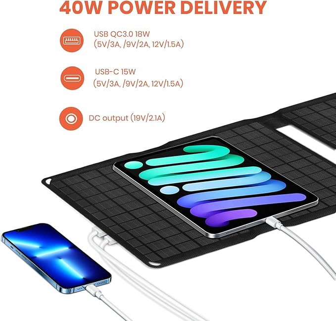 FlexSolar 40W Portable Solar Panel Charger with USB-A/USB-C/DC Outputs for Camera Phones Tablets Power Stations - Waterproof for Outdoor Backpacking Camping RV Boat