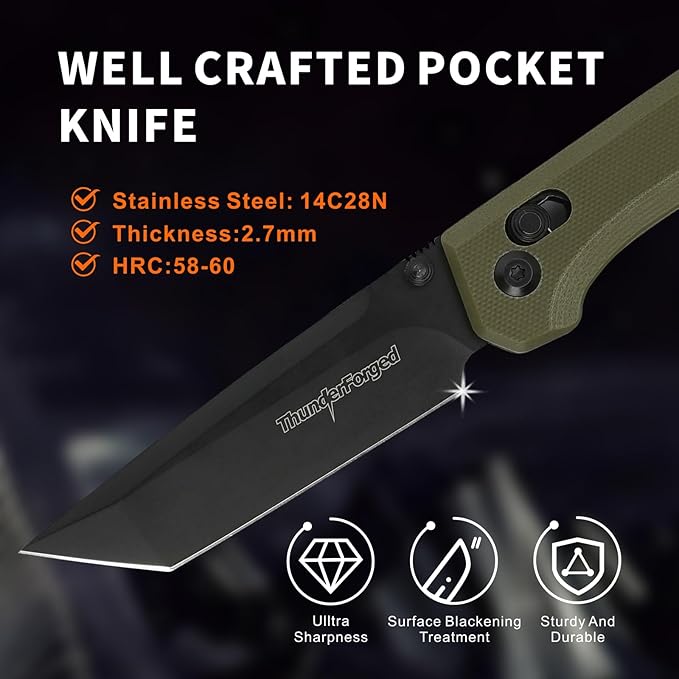 ThundeForged Camping Folding Knife - EDC Folding Knife with Crossbar Lock, 14C28N Steel Blade,Green G10 Handle Lightweight Tactical Pocket Knife for Camping Outdoor Survival Hiking