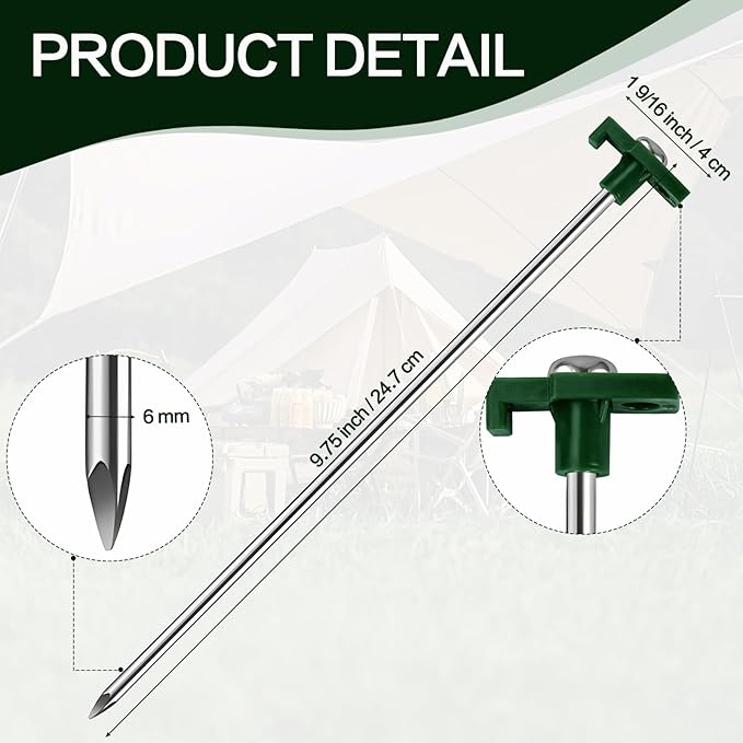10 Pack Tent Stakes - 9.75 Inch Galvanized Non-Rust Ground Stakes Heavy Duty Canopy Anchors Metal Tent Pegs for Camping, Garden, Hiking, Green