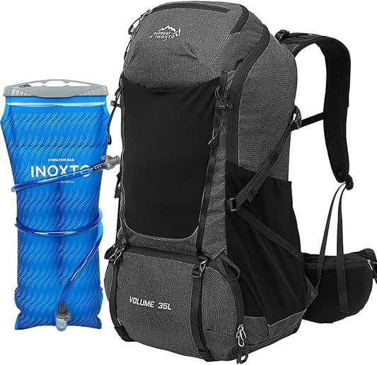 INOXTO 35L Hiking Backpack with 3Lwater bladder, Camping Backpack with Waterproof Rain Cover for Men, Outdoor Sport Travel Daypack for Climbing (Black grey)