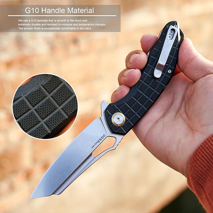 Folding Pocket Knife, 3.54" DC53 Steel Blade,4.65" G10 Handle, Liner Lock, Reversible Pocket Clip for Everyday Carry, Outdoor Activities. (Gray Stonewashed Blade)