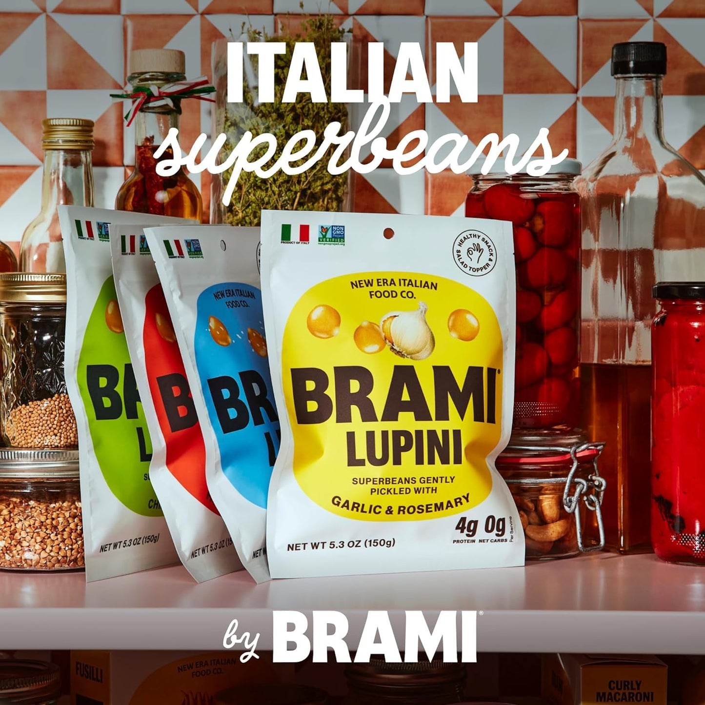 BRAMI Lupini Beans Snacks – Mediterranean Medley, Mediterranean Protein Snack, 0g Net Carbs, Vegan & Keto Friendly, High Fiber Italian Lupin Beans, Ready-to-Eat Healthy Snack, 5.3 oz (Pack of 8)