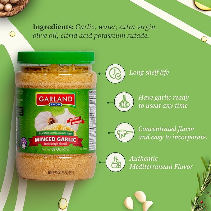 Garland Food Minced Garlic in Jar in Olive Oil 32 oz ??Made in the USA ??Minced Garlic in Olive Oil Ready to Use for Cooking & Marinades