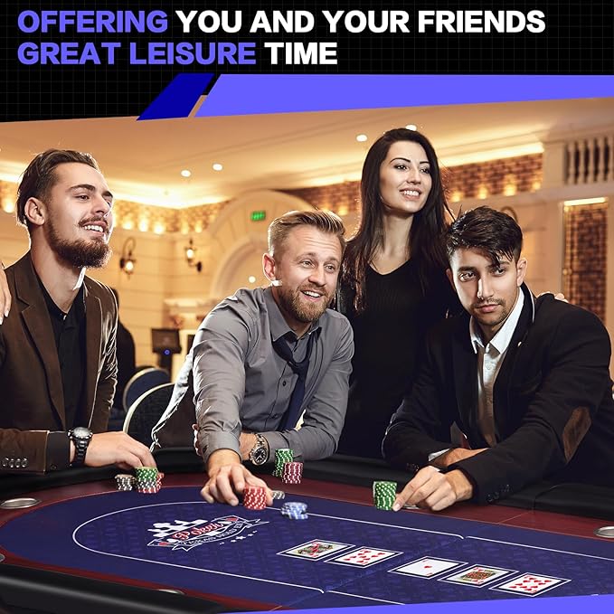 86" Foldable Poker Table, 10-Player Large Folding Texas Holdem Blackjack Table with Cup Holders, Padded Rails, Casino Game Table for Home Game Room, Family Nights, and Parties (Black)