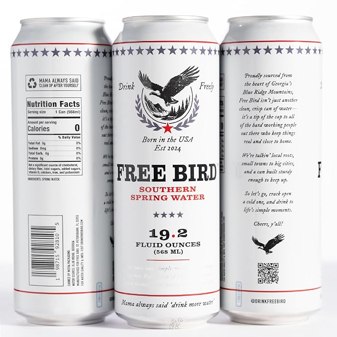 Free Bird, Southern Spring Water, 12-Pack (19.2oz Tallboy Cans) ??Crisp & Clean Blue Ridge Mountain Water, Naturally Sourced