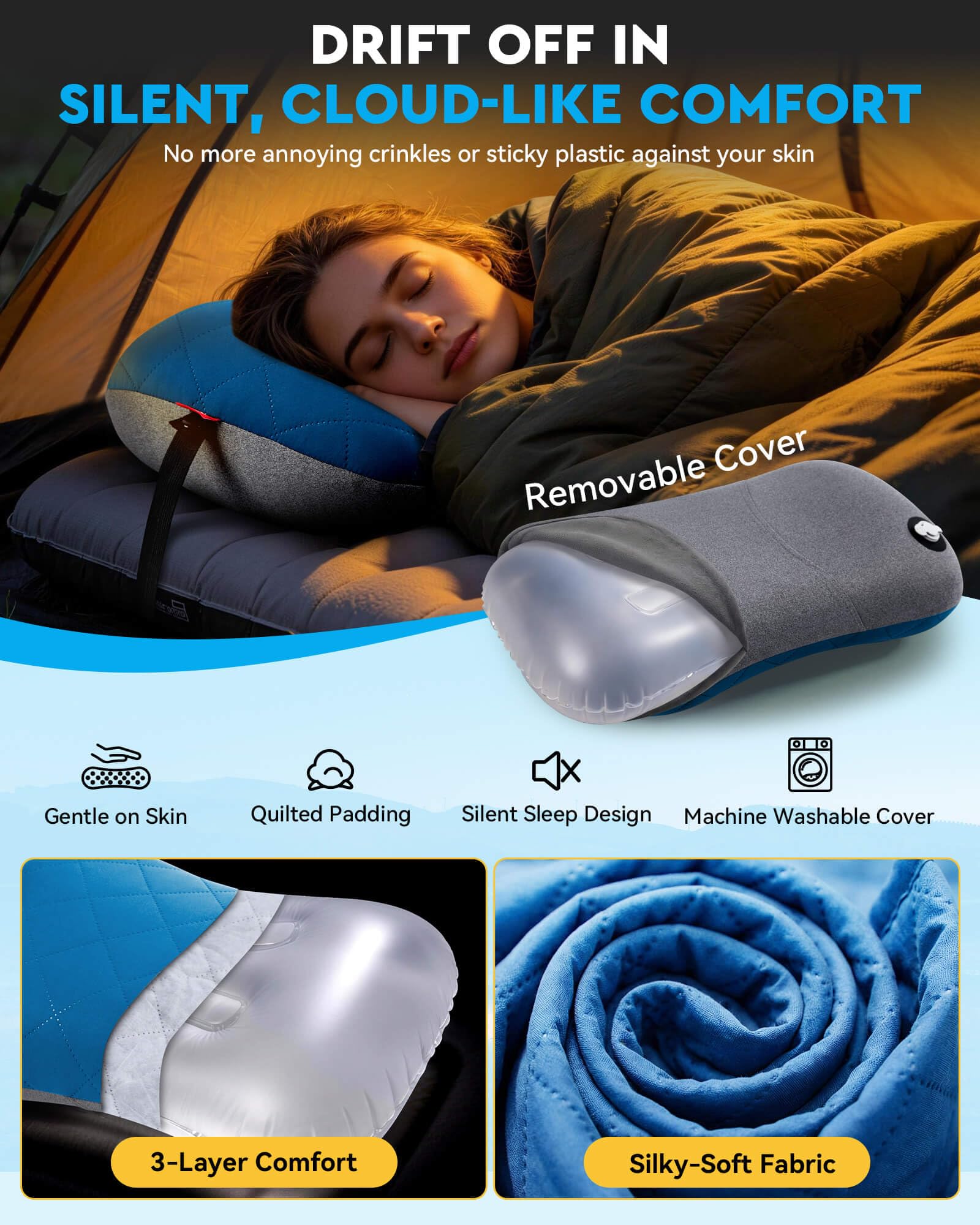 Hikenture Camping Pillow with Removable Cover, Ultralight Inflatable Pillow