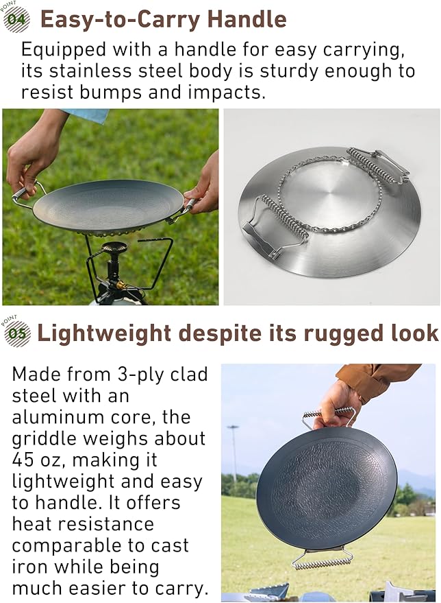 camping moon BBQ Grill Pan Dia 12.8-inch Round Griddle 3-Ply Composite Steel Nonstick Foldable Handle for Open Fire Gas Stove Outdoor & Indoor Use GRW-33F