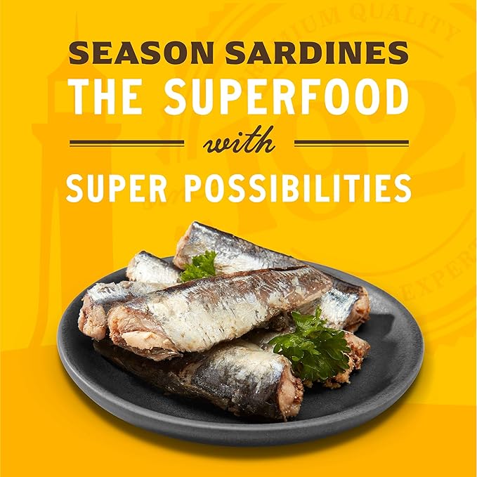 Season Sardines in Water - Wild Caught Fish, 22g of Protein, Keto Snacks, More Omega 3's Than Tuna, High in Calcium, Canned Sardines - 4.37 Oz Tins, 24-Pack