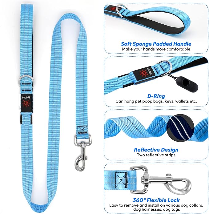 4 Ft LED Dog Leash, Rechargeable Light Up, Waterproof, Glow In The Dark, Nylon Reflective With Padded Handle For Small, Medium, Large Pets