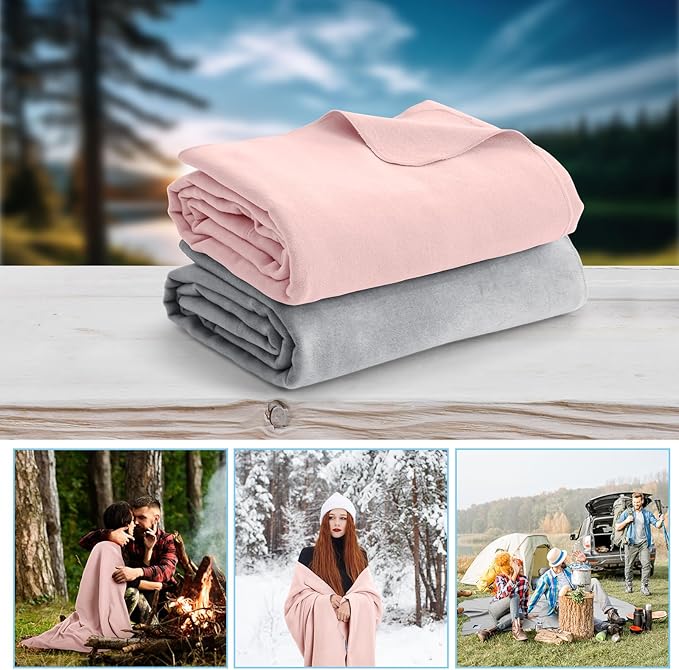 Peryiter 2 Pcs Military Wool Blanket Large 64" x 88" Camping Blanket Survival 3.3 Lbs Each Thick Thermal Washable Emergency Blanket for Outdoors Sporting Events Survival Kits (Pink, Gray)