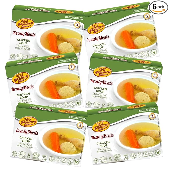 KJ Poultry Kosher Ready Meals - Matza Ball Chicken Soup & Vegetables, CHOMETZ NOT for PASSOVER, MRE Meat Meals Ready to Eat, Shabbos Food, Halal, (6 Pack) Cooked Entree, Shelf Stable Microwave Dinner