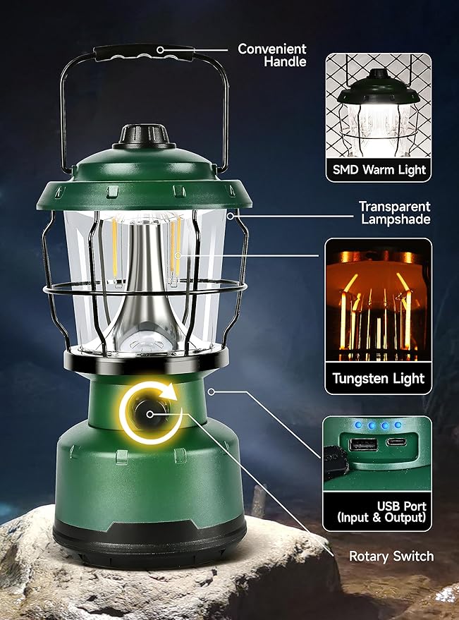 LED Camping Lantern, 2500LM Dimmable Vintage Rechargeable Lantern, Water Resistant Portable Emergency Lights for Camping, Home Power Outage, Hurricane, Hiking