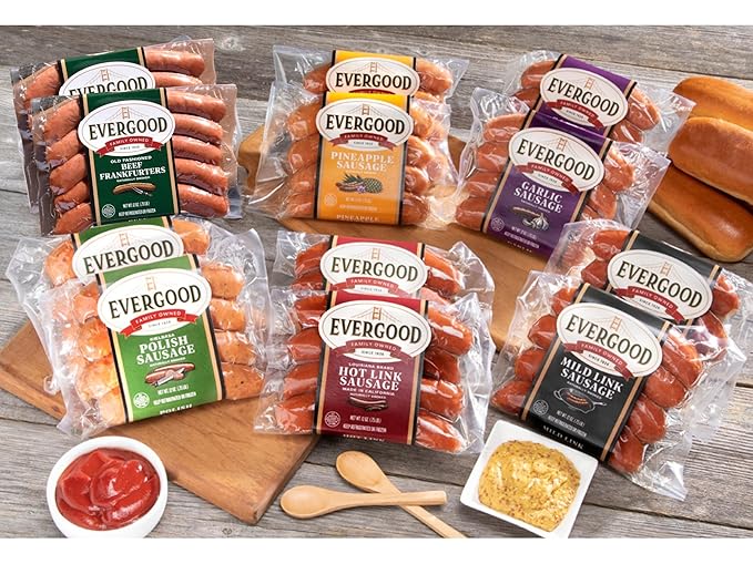 Evergood Sausage Variety Bundle - 12 Packs, Gourmet Pork & Beef Sausages, 6 Flavors: Garlic, Pineapple, Hot Link, Mild, Polish, Beef Frankfurter, Naturally Smoked, Grill-Ready, Fully Cooked